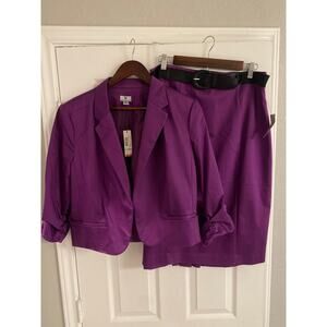 Worthington Purple Power Suit 3/4 Ruched Sleeve Blazer & Pleated Hem Skirt XL